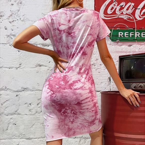 Boho Tie Dye Tulip Hem Short Sleeve Dress Purple - Picture 3 of 11